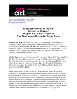 Robert Schenkkan's All the Way Directed by Bill Rauch to Open A.R.T.'S 2013-14 Season Play Wins Inaugural Kennedy Prize