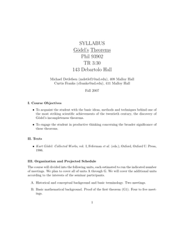 SYLLABUS Gödel's Theorems Phil 93902 TR 3:30 143 Debartolo Hall