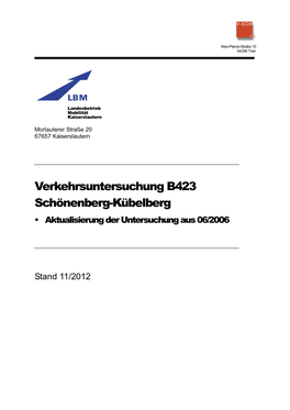 Verkehrsuntersuchung B423 Schönenberg-Kübelberg  Aktualisierung Der Untersuchung Aus 06/2006