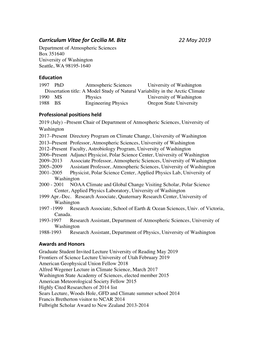 Curriculum Vitae for Cecilia M. Bitz 22 May 2019 Department of Atmospheric Sciences Box 351640 University of Washington Seattle, WA 98195-1640