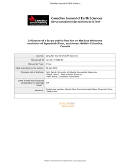 Influence of a Large Debris Flow Fan on the Late Holocene Evolution of Squamish River, Southwest British Columbia, Canada