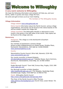 A Very Warm Welcome to Willoughby. We Hope the Following Information and Contacts Will Help You, and Your Family, Settle in Quickly and Enjoy Village Life Here