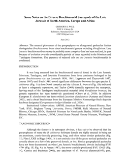 Some Notes on the Diverse Brachiosaurid Sauropods of the Late Jurassic of North America, Europe and Africa