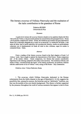 The Literary Excursus of Velleius Paterculus and the Exaltation of the Italic Contribution to the Grandeur Ofrome