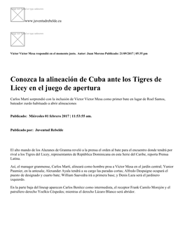 Conozca La Alineación De Cuba Ante Los Tigres De Licey En El Juego De Apertura