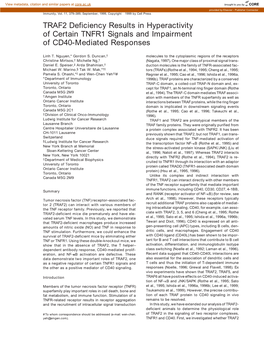 TRAF2 Deficiency Results in Hyperactivity of Certain TNFR1 Signals and Impairment of CD40-Mediated Responses