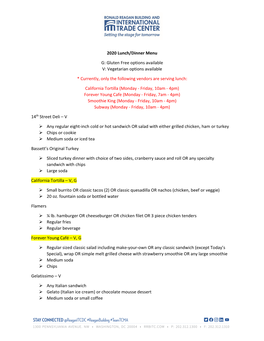 2020 Lunch/Dinner Menu G: Gluten Free Options Available V: Vegetarian Options Available * Currently, Only the Following Vendors