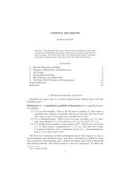 COMPACT LIE GROUPS Contents 1. Smooth Manifolds and Maps 1 2