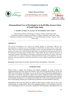 Ethnomedicinal Uses of Pteridophytes in Kolli Hills, Eastern Ghats of Tamil Nadu, India