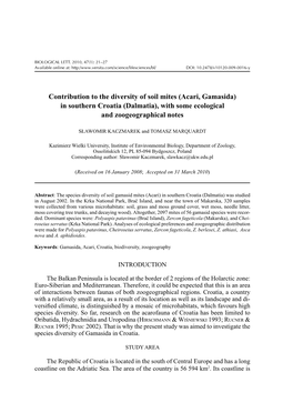 Contribution to the Diversity of Soil Mites (Acari, Gamasida) in Southern Croatia (Dalmatia), with Some Ecological and Zoogeographical Notes