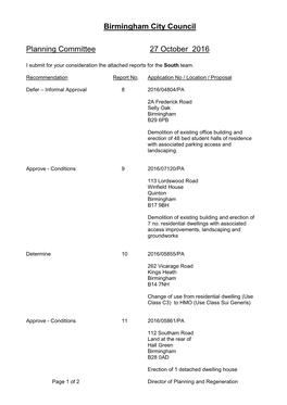 Birmingham City Council Planning Committee 27 October 2016