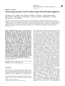 The Pro-Longevity Gene Foxo3 Is a Direct Target of the P53 Tumor Suppressor