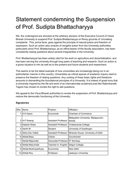 Statement Condemning the Suspension of Prof. Sudipta Bhattacharyya