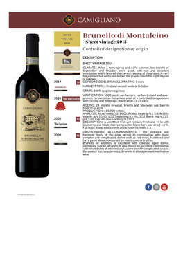 Brunello Di Montalcino 2015 Sheet Vintage 2015 Controlled Designation of Origin