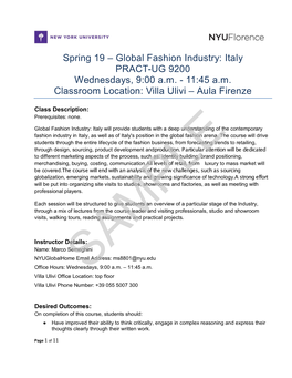 Spring 19 – Global Fashion Industry: Italy PRACT-UG 9200 Wednesdays, 9:00 A.M