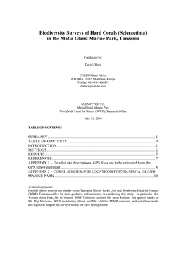 Biodiversity Surveys of Hard Corals (Scleractinia) Mafia Island Marine Park, Tanzania