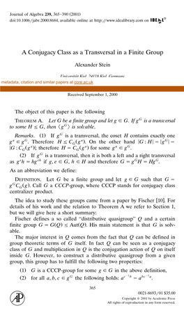 Conjugacy Class As a Transversal in a Finite Group