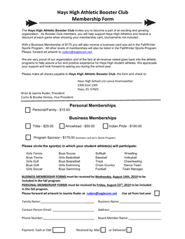 Hays High Athletic Booster Club Membership Form