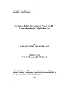 Studies on Folkloric Medicinal Plants Used by Palestinians in the Qalqilia District