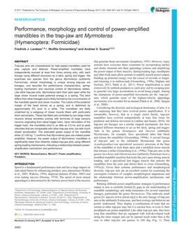 Performance, Morphology and Control of Power-Amplified Mandibles in the Trap-Jaw Ant Myrmoteras (Hymenoptera: Formicidae) Fredrick J