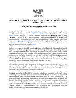 AUSTIN CITY LIMITS DOUBLE-BILL: FLORENCE + the MACHINE & ANDRA DAY New Episode Premieres October 22 On