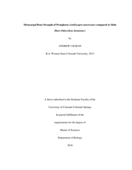 Metacarpal Bone Strength of Pronghorn (Antilocapra Americana) Compared to Mule