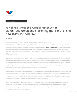 Valvoline Named the 'O Cial Motor Oil' of Motortrend Group And