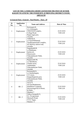 List of the Candidates Short Listed for the Post of Senior Bailiff to Attend the Interview at Principal District Court, Ariyalur