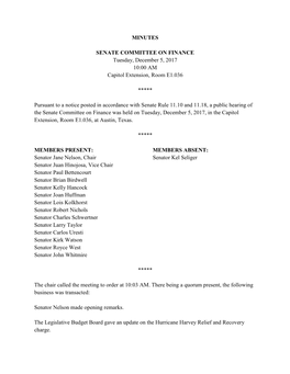 MINUTES SENATE COMMITTEE on FINANCE Tuesday, December 5
