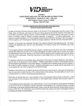 AGENDA ADJOURNED MEETING OF'the BOARD of DIRECTORS \Ryednesday, MARCH 17,2021- 9:00 AM 1391 Engineer Street, Vista, CA 92081 Phone: (760) 597-3100