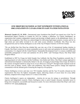 One Drop Recognized As Top Nonprofit International Organization in Canada for Its Safe Water Initiatives
