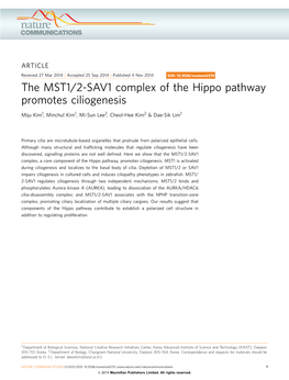 The MST1/2-SAV1 Complex of the Hippo Pathway Promotes Ciliogenesis