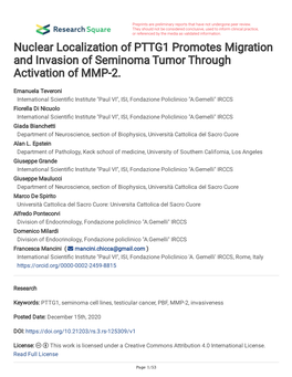 Nuclear Localization of PTTG1 Promotes Migration and Invasion of Seminoma Tumor Through Activation of MMP-2