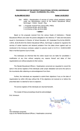 Regularization & Probation Declaration of Karimnagar District Teachers