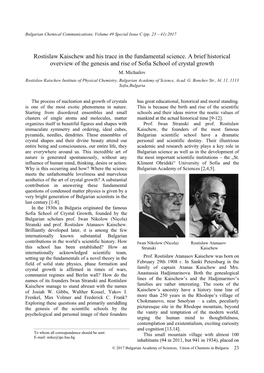 Rostislaw Kaischew and His Trace in the Fundamental Science. a Brief Historical Overview of the Genesis and Rise of Sofia School of Crystal Growth M