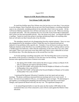 August 2010 Report of ACBL Board of Directors