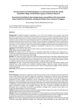 Inventarytation of Medicinal Plants As a Self-Medication by the Tolaki, Puundoho Village, North Kolaka Regency, Southeast Sulawesi