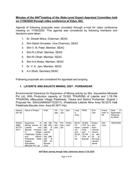 Minutes of the 664 Meeting of the State Level Expert Appraisal Committee Held on 17/06/2020 Through Video Conference at Vidyo, N