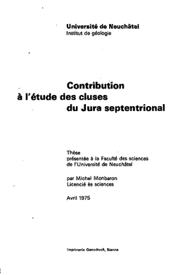 Contribution À L'étude Des Cluses Du Jura Septentrional