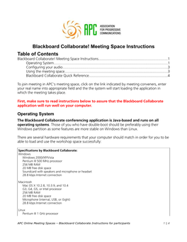 Blackboard Collaborate! Meeting Space Instructions Table of Contents Blackboard Collaborate! Meeting Space Instructions