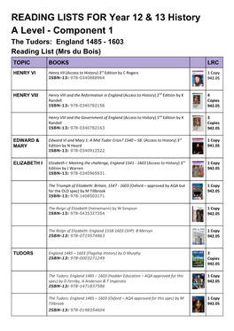 READING LISTS for Year 12 & 13 History a Level