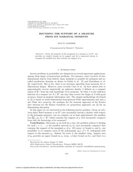 BOUNDING the SUPPORT of a MEASURE from ITS MARGINAL MOMENTS 1. Introduction Inverse Problems in Probability Are Ubiquitous in Se