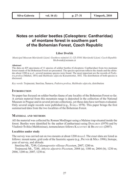 Notes on Soldier Beetles (Coleoptera: Cantharidae) of Montane Forest in Southern Part of the Bohemian Forest, Czech Republic