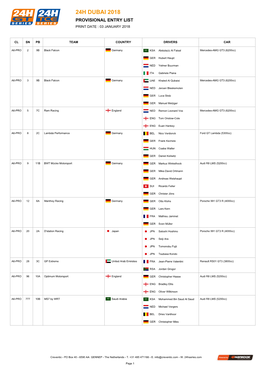 24H Dubai 2018 Provisional Entry List Print Date : 03 January 2018