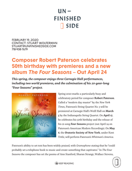Composer Robert Paterson Celebrates 50Th Birthday with Premieres and a New Album the Four Seasons – out April 24