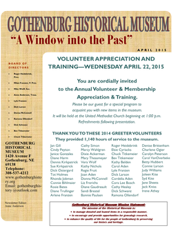 “A Window Into the Past” a P R I L 2 0 1 5 VOLUNTEER APPRECIATION and BOARD of DIRECTORS TRAINING—WEDNESDAY APRIL 22, 2015