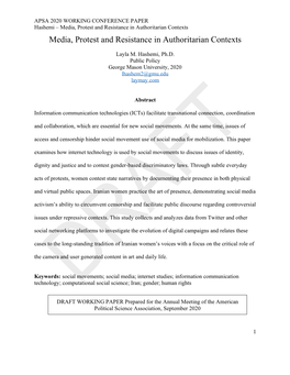 Media, Protest and Resistance in Authoritarian Contexts Media, Protest and Resistance in Authoritarian Contexts