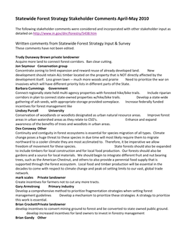 Statewide Forest Strategy Stakeholder Comments April-May 2010