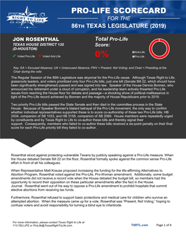 JON ROSENTHAL Total Pro-Life Score