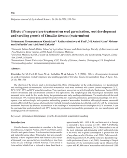 Effects of Temperature Treatment on Seed Germination, Root Development and Seedling Growth of Citrullus Lanatus (Watermelon)